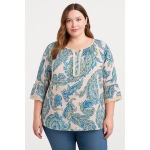 Democracy 1X Rayon Peasant Top Boho Floral Lace Trim Sleeve Blue Multicolor